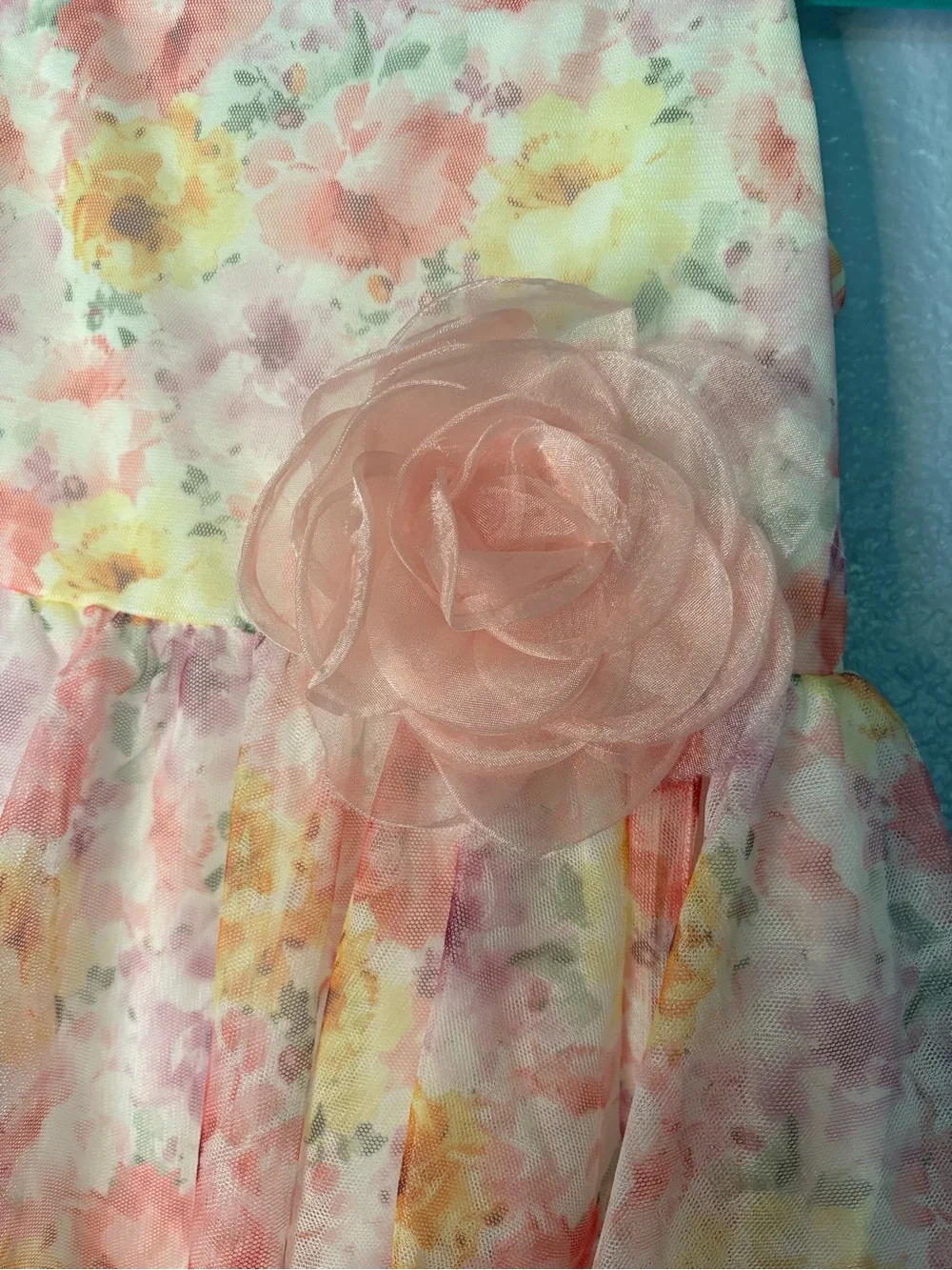 Bonnie Jean Pink Floral Handkerchief Hem Dress with Rosette